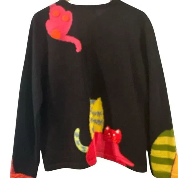 Vintage Susan Bristol Knit Cat Pattern Button Front Cardigan Black Multi XL - Picture 3 of 11